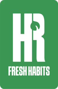 Green rectangular logo with bold black letters HR above the words FRESH HABITS. The stylized white cutout in the R, resembling a leaf or sprout, embodies growth or freshness—an ideal symbol for nearby restaurants offering fresh deliveries.