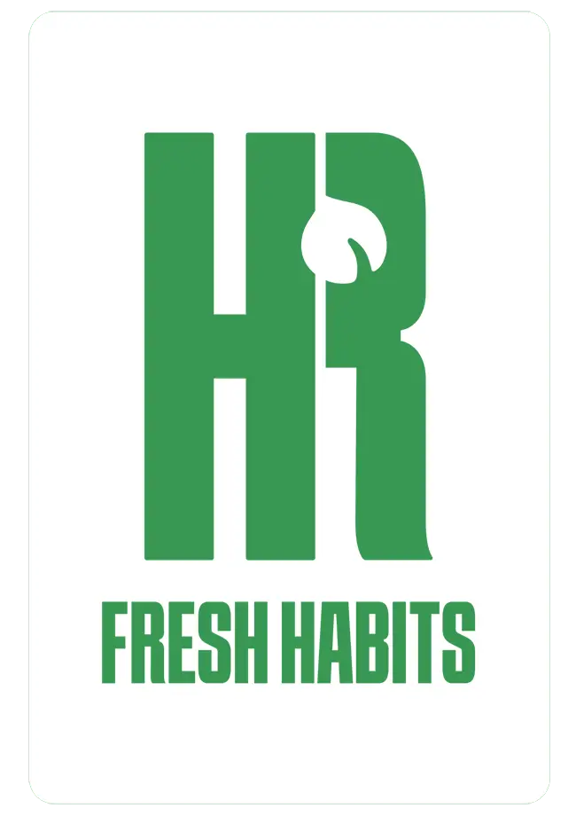 The image showcases bold green letters HR on a white background, with a stylized leaf in the R, hinting at vibrant freshness. Below, "FRESH HABITS" appears in matching green capitals—ideal for those seeking healthy lunch places near me.