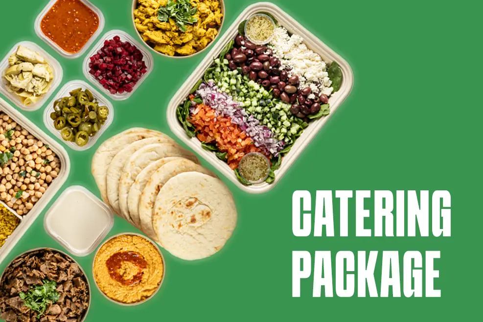 A catering package display on a green background showcases a main dish with rice, beans, olives, cucumbers, onions, and tomatoes. Surrounding it are containers of olives, red sauce, chickpeas, hummus, artichokes, and sliced pita bread. Bold white text reads Catering Package—perfect for Mediterranean restaurants near me.