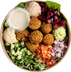 Discover a flavorful salad bowl where falafel takes center stage, accompanied by chopped cucumber, diced tomatoes, red onion, shredded lettuce, beets, and dollops of hummus. Perfect for those seeking the best lunch places near me that deliver this Mediterranean delight right to your door.