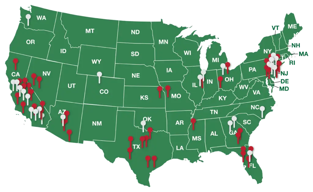 A map of the United States shows green land and state borders, with red and white push pins marking locations across Texas, California, Florida, and the East Coast. This map not only highlights points of interest but also suggests where you might find the best restaurants near me that deliver.