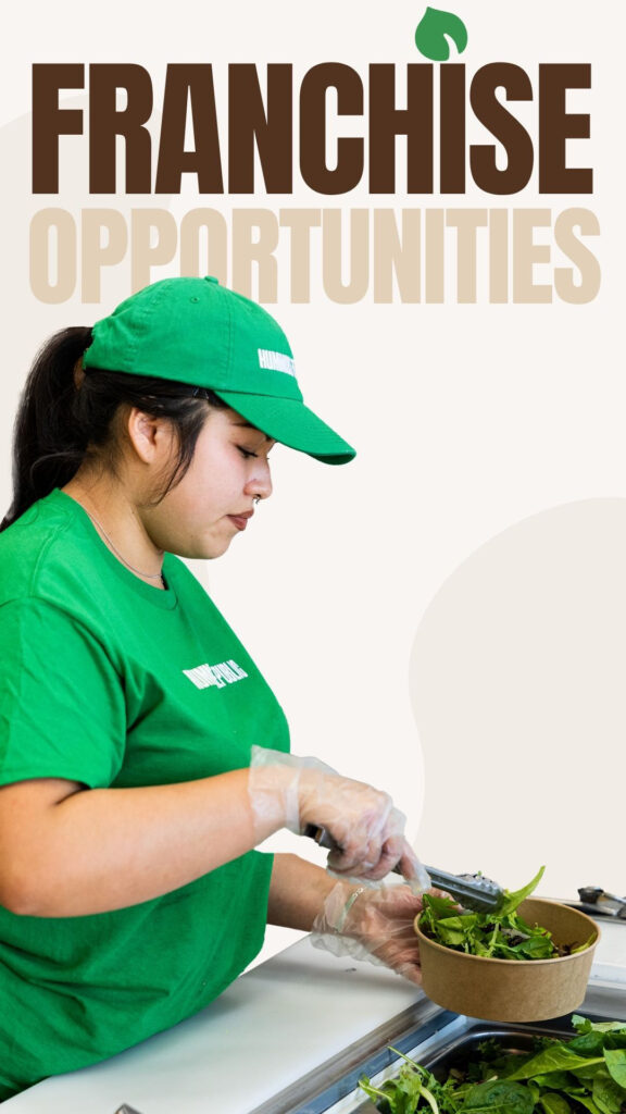 A person in a green uniform and cap prepares a salad in a bowl, using tongs to add greens. They are wearing clear gloves, highlighting an emphasis on hygiene. Above, the text "Franchise Opportunities" is prominently displayed in bold letters, as though crafted with precision using Elementor tools.